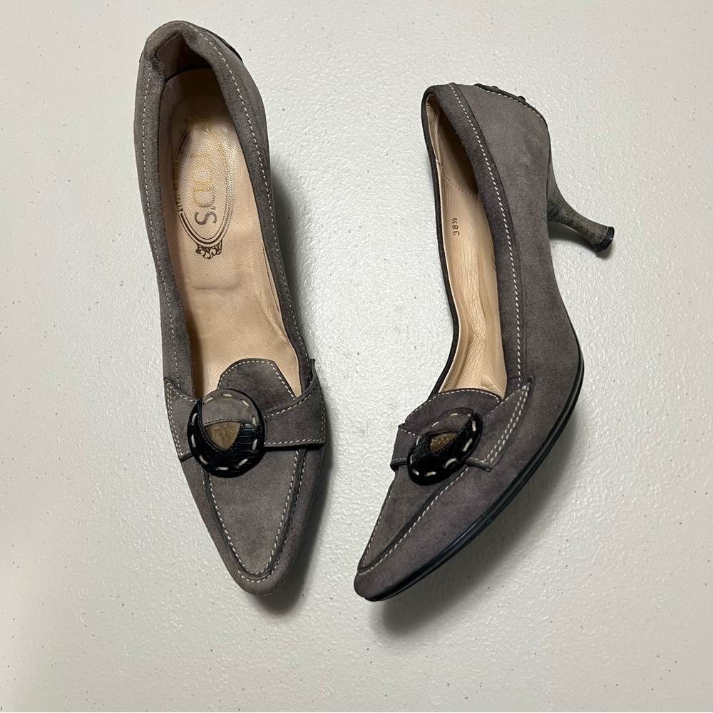 Tod’s Debbie Button Suede Leather Heels